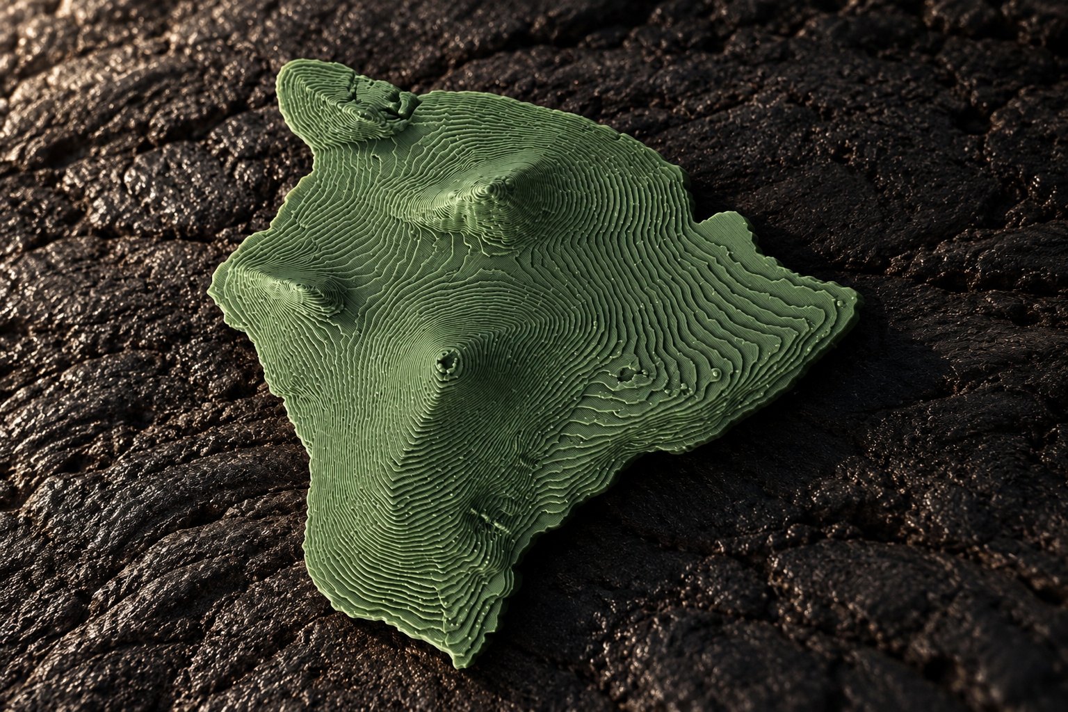 AI-assisted illustration of a green Hawaiʻi Island relief print, with layered contours, resting on dark lava rock.